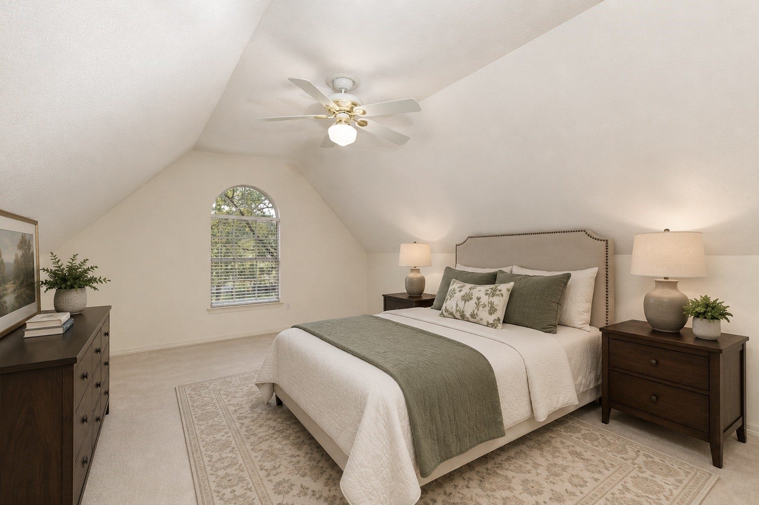 Welcome to the upstairs game room. This is showing the space as a bedroom! Digitally Staged