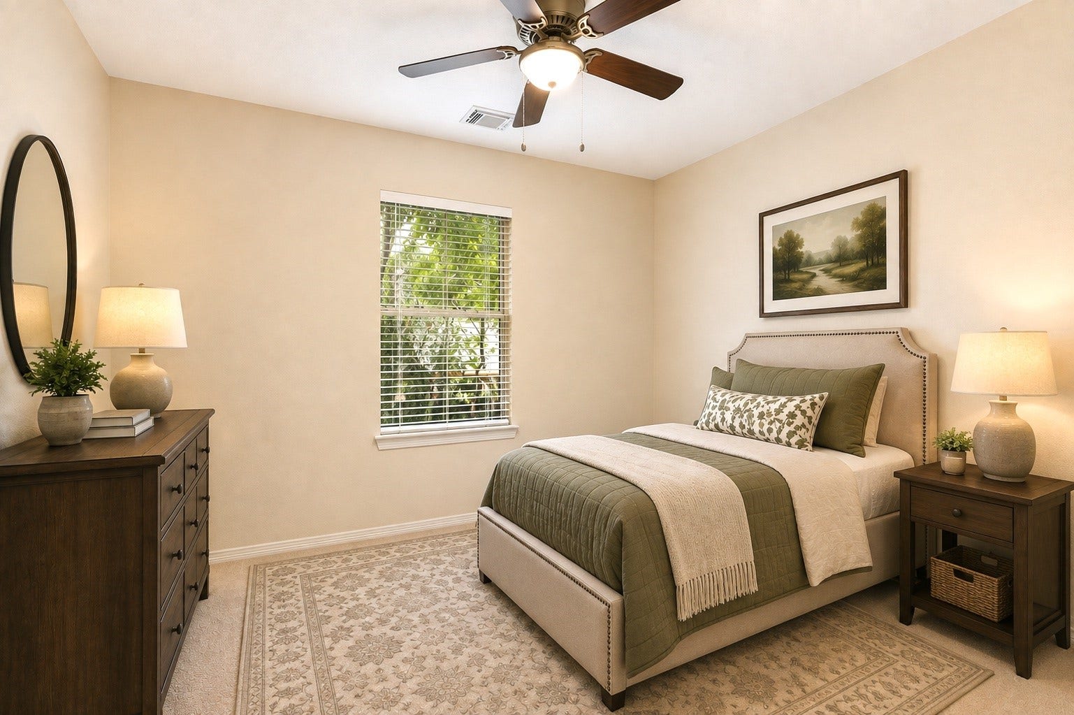 This is one of the secondary bedroom that features fresh paint, new blinds and ceiling fan. Digitally Staged