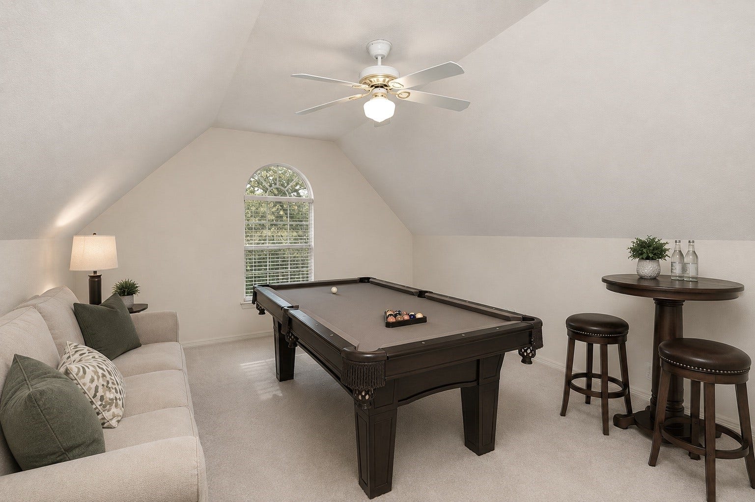 Welcome to the upstairs game room. This is pool table size and ready for fun! Digitally Staged