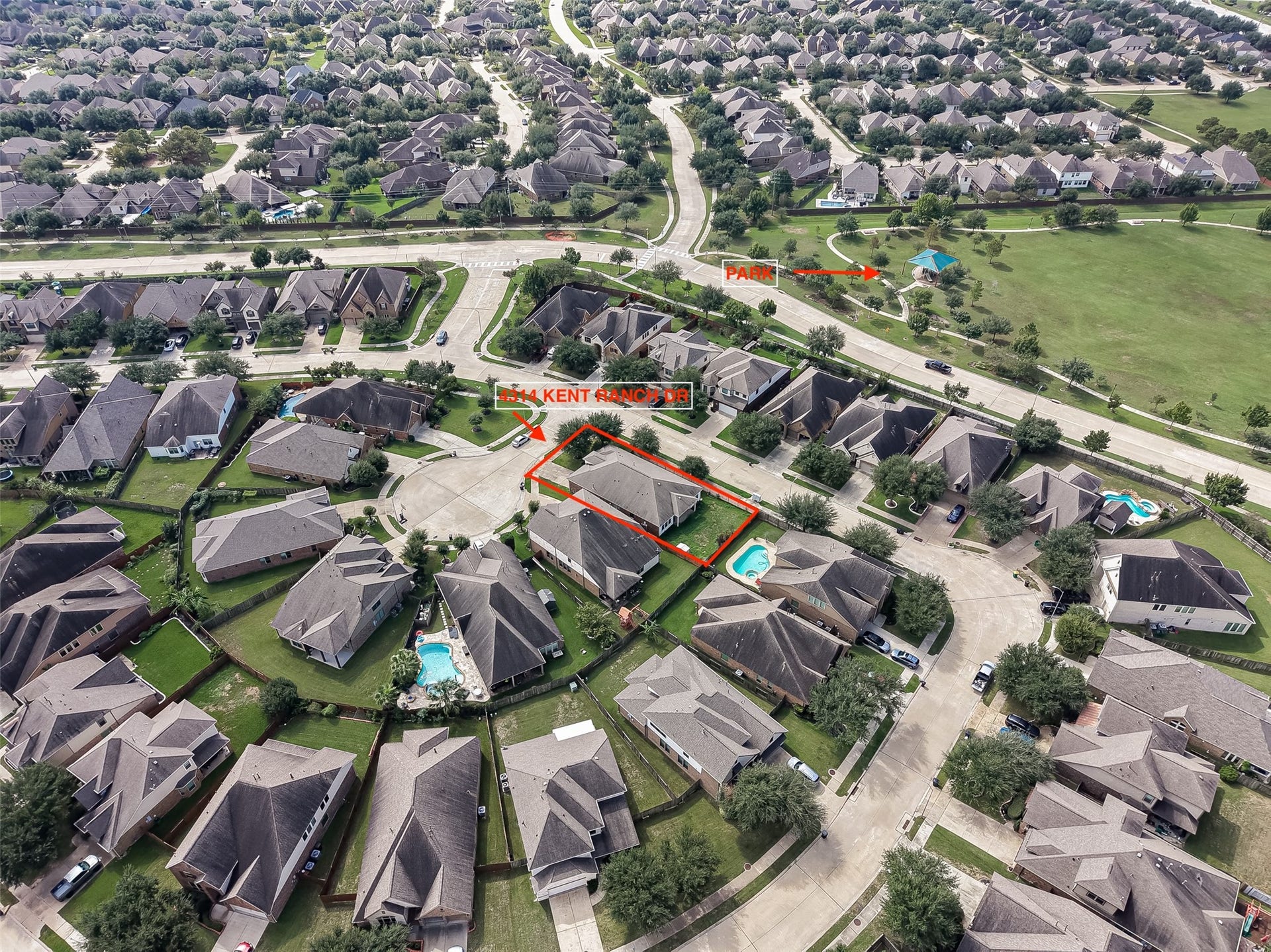 4314 Kent Ranch Court, Katy, TX 77494 Aerial view - corner lot on a cul-de-sac, within walking distance of a neighborhood park and trail.