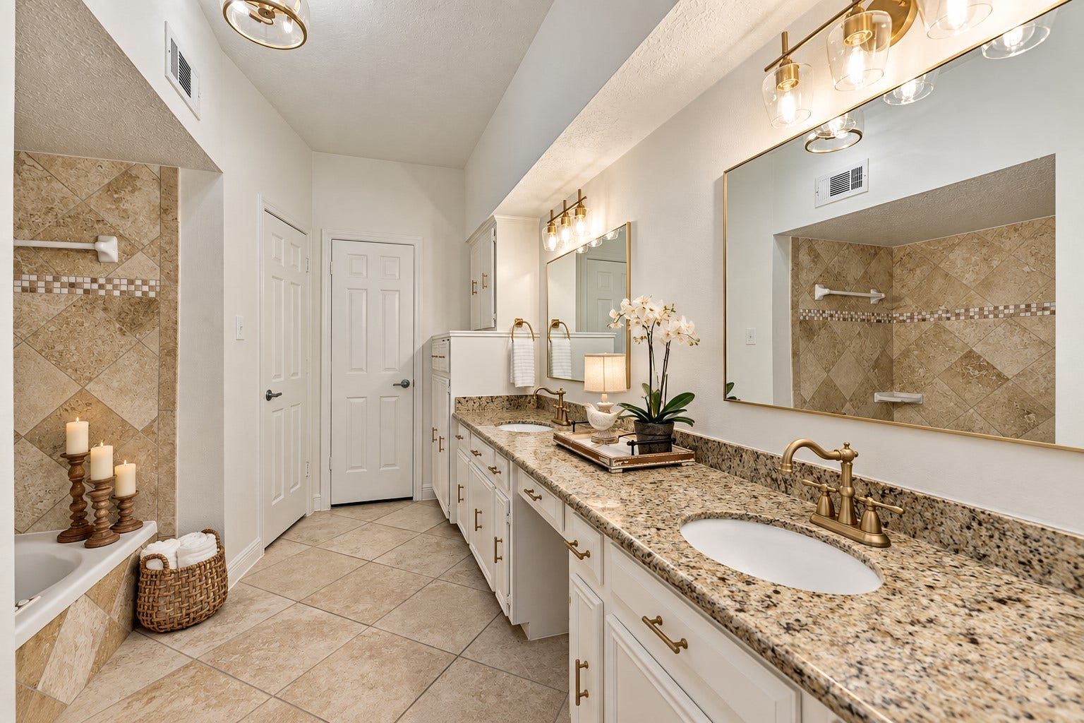2713 N Logrun Circle, Spring, TX 77380 The Primary Bath pairs a warm neutral palette with brushed-gold finishes, dual sinks, granite counters & an oversized vanity with seated makeup space. Built-in storage for each side adds everyday function, with a private water closet tucked beyond.