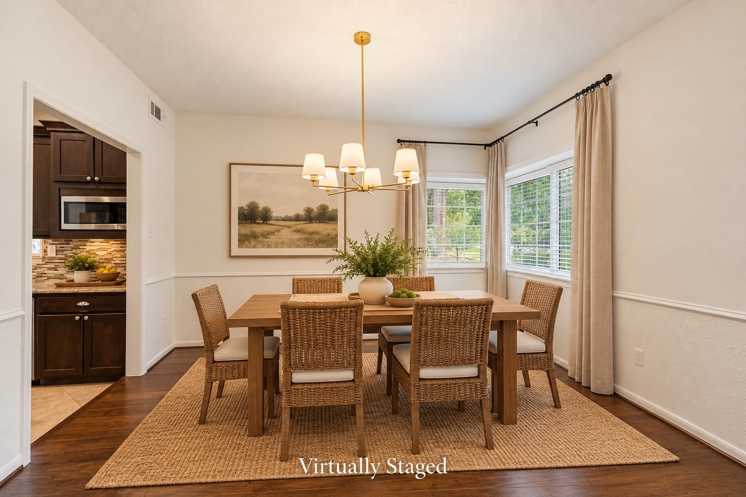 2713 N Logrun Circle, Spring, TX 77380 Virtually Staged for your inspiration. Natural light from corner windows highlights the engineered wood floors, while a brushed-gold chandelier adds a warm finishing touch. Open to both the Kitchen & Formal Living Room, the Dining Room feels connected yet distinct.