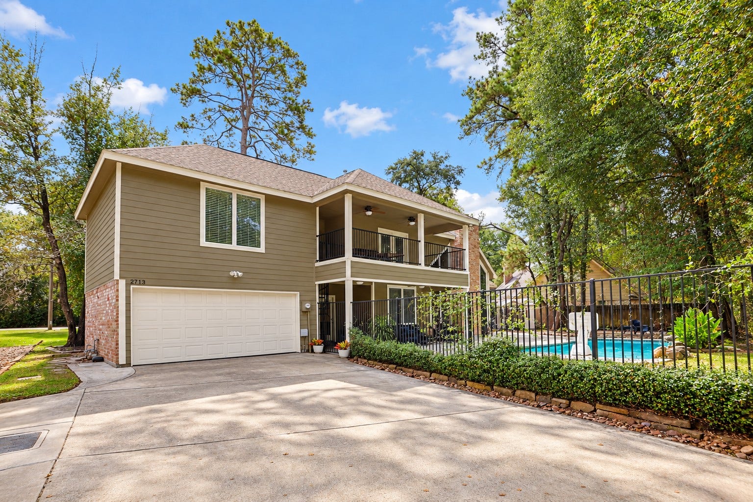 2713 N Logrun Circle, Spring, TX 77380 A two-car garage, generous driveway and gated pool area add everyday convenience, while the covered upper balcony and patio extend the homes living space outdoor