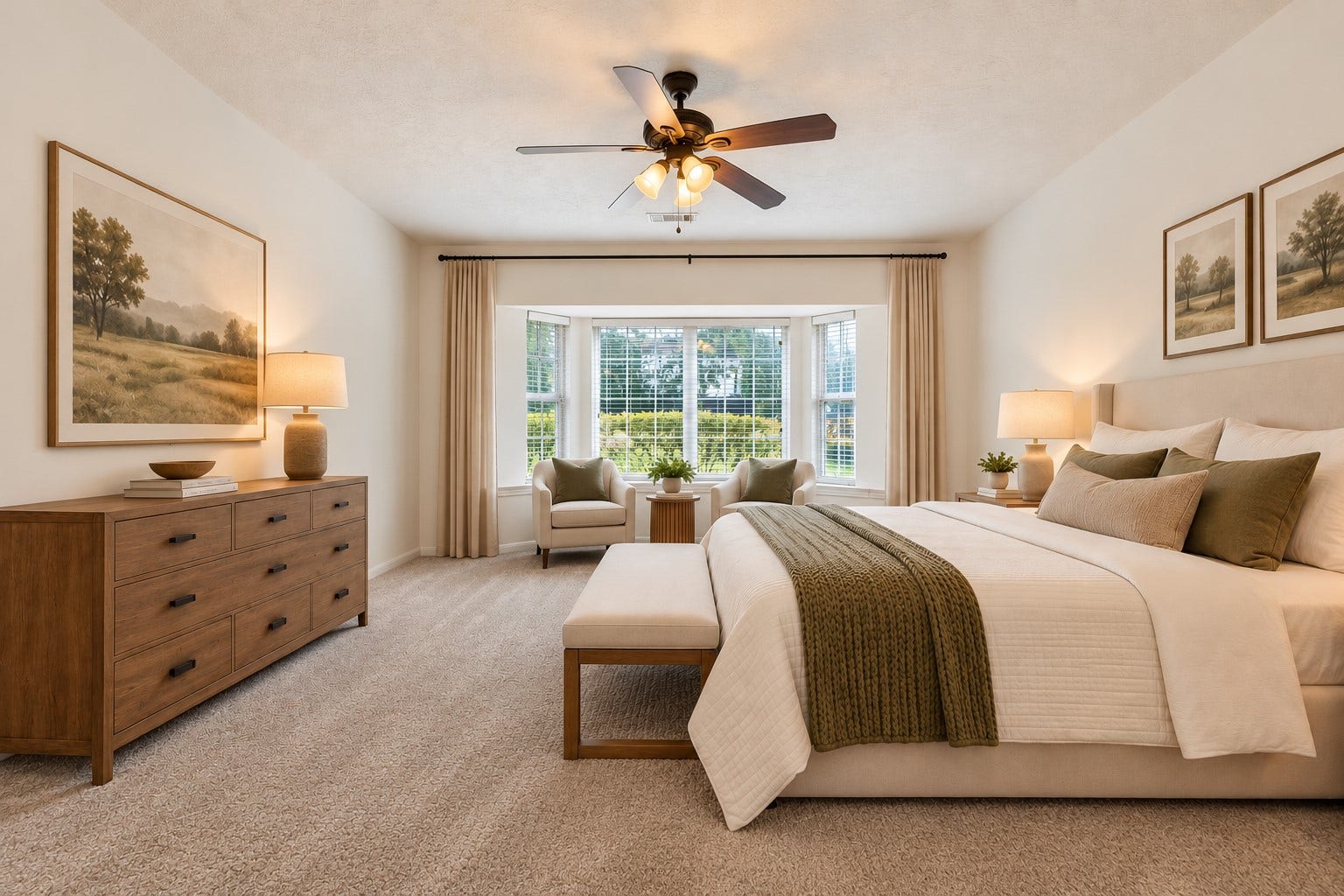 2713 N Logrun Circle, Spring, TX 77380 Virtually Staged for your inspiration. The spacious downstairs Primary Suite pairs a soft neutral palette with new carpet and a beautiful bay window overlooking the front yardcreating a light-filled sitting area and a calm, inviting retreat.