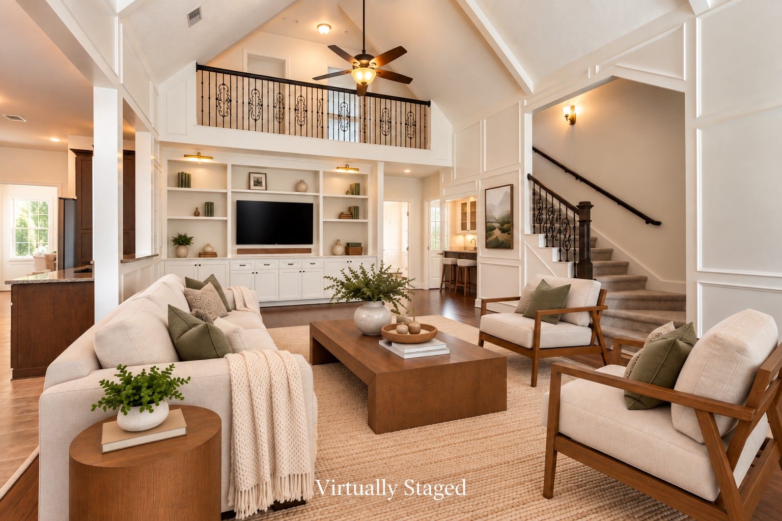 2713 N Logrun Circle, Spring, TX 77380 Virtually Staged for your inspiration, Designed for gatheringthe Family Room features custom built-ins, wet bar and wrought-iron staircase, with an open connection to the Kitchen that keeps everyone part of the conversation.