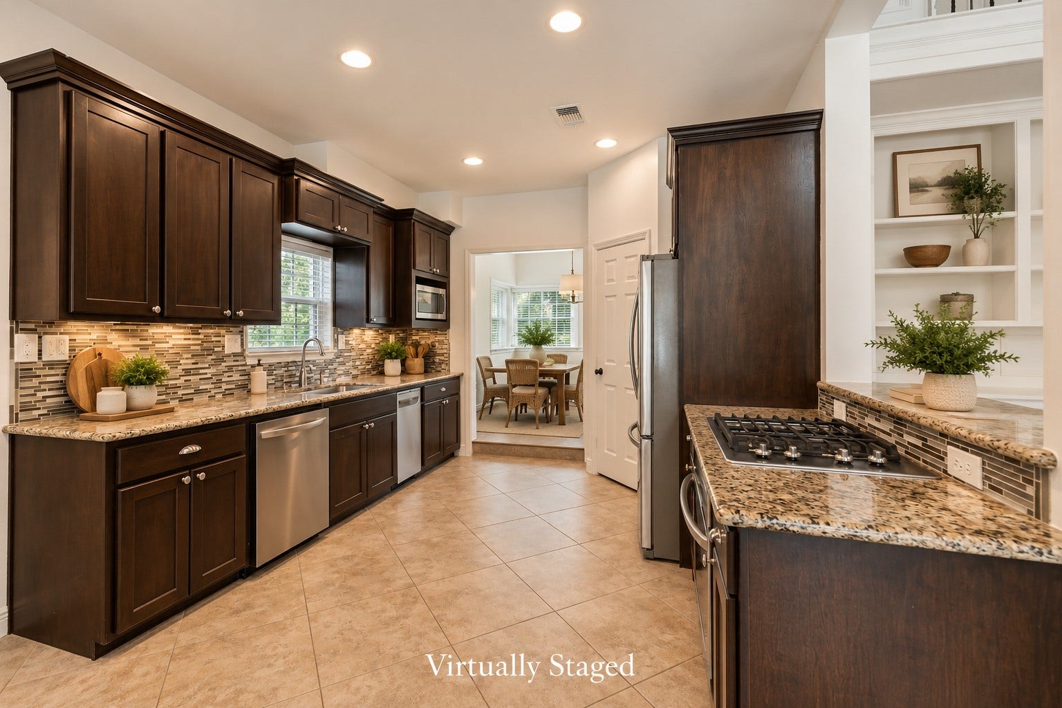 2713 N Logrun Circle, Spring, TX 77380 Virtually Staged for your inspiration, Designed for everyday cooking and gathering, the Kitchen pairs dark wood cabinetry and granite counters with gas cooking, a single-basin stainless sink and custom mosaic tile backsplash