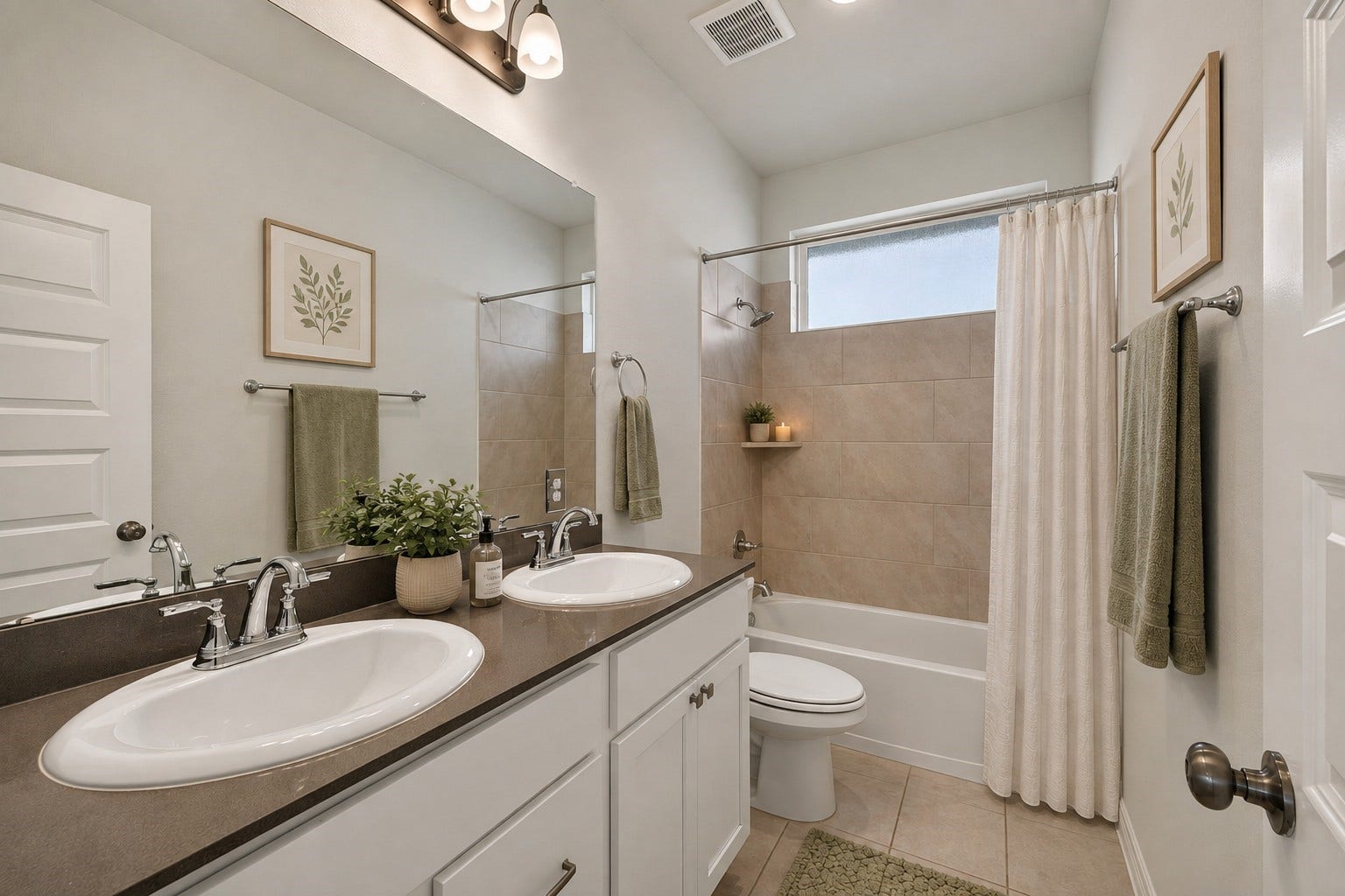 24638 Carleton Lake Lane, Tomball, TX 77375 Virtually staged bathroom 2 has dual vanities with silver fixtures and a tub/shower combo.