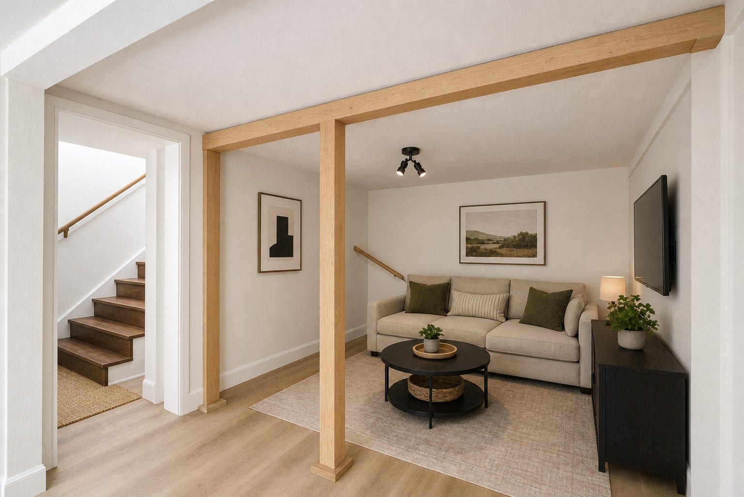 Updated floors and lighting turn this room into a comfortable flex space.
