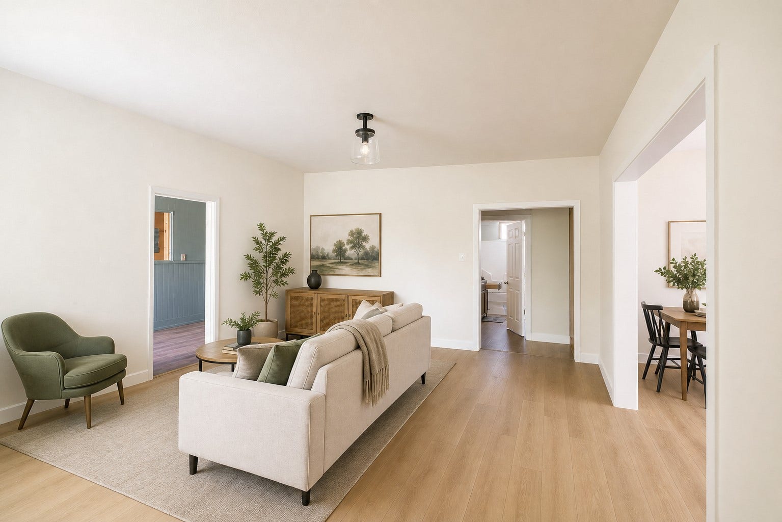 Light finishes bring new energy to this main living space.