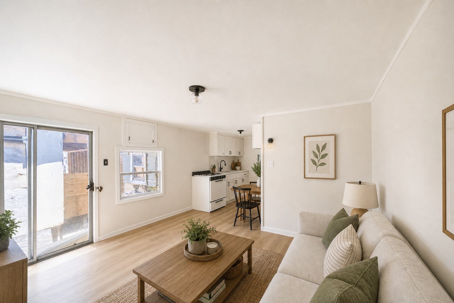Light, functional finishes give the cottage living area a fresh look.