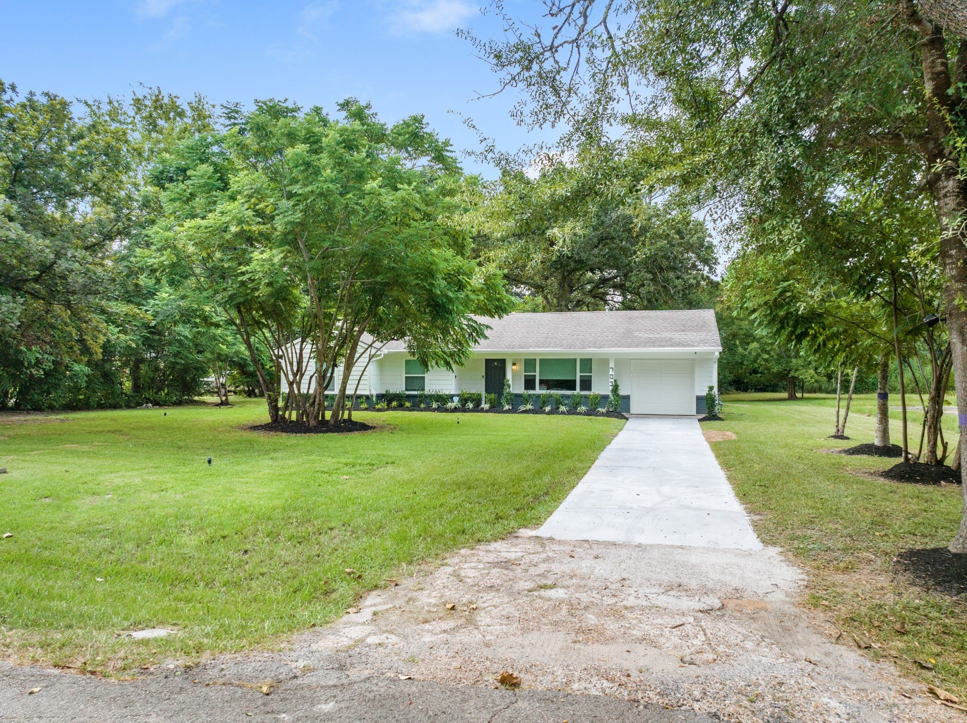 703 Newton Drive, Richmond, TX 77469 Long driveway leads through the tree-lined front lawn to the home, showcasing the depth and scale of the nearly one-acre property.