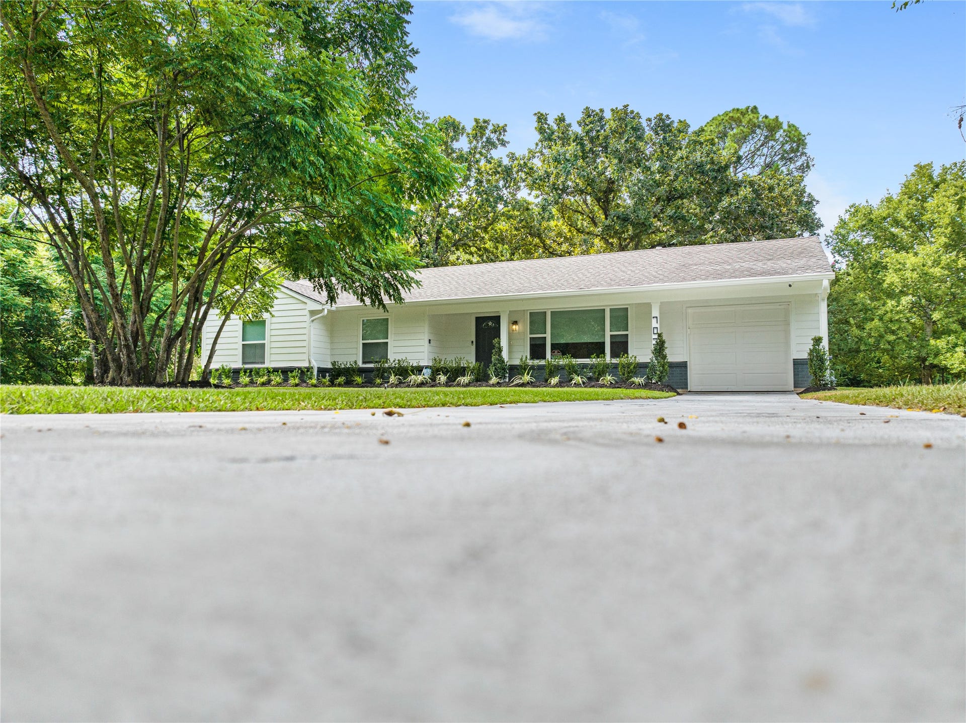 703 Newton Drive, Richmond, TX 77469 Wide front exterior view showcasing the home's single-story design, mature trees, and generous driveway area.
