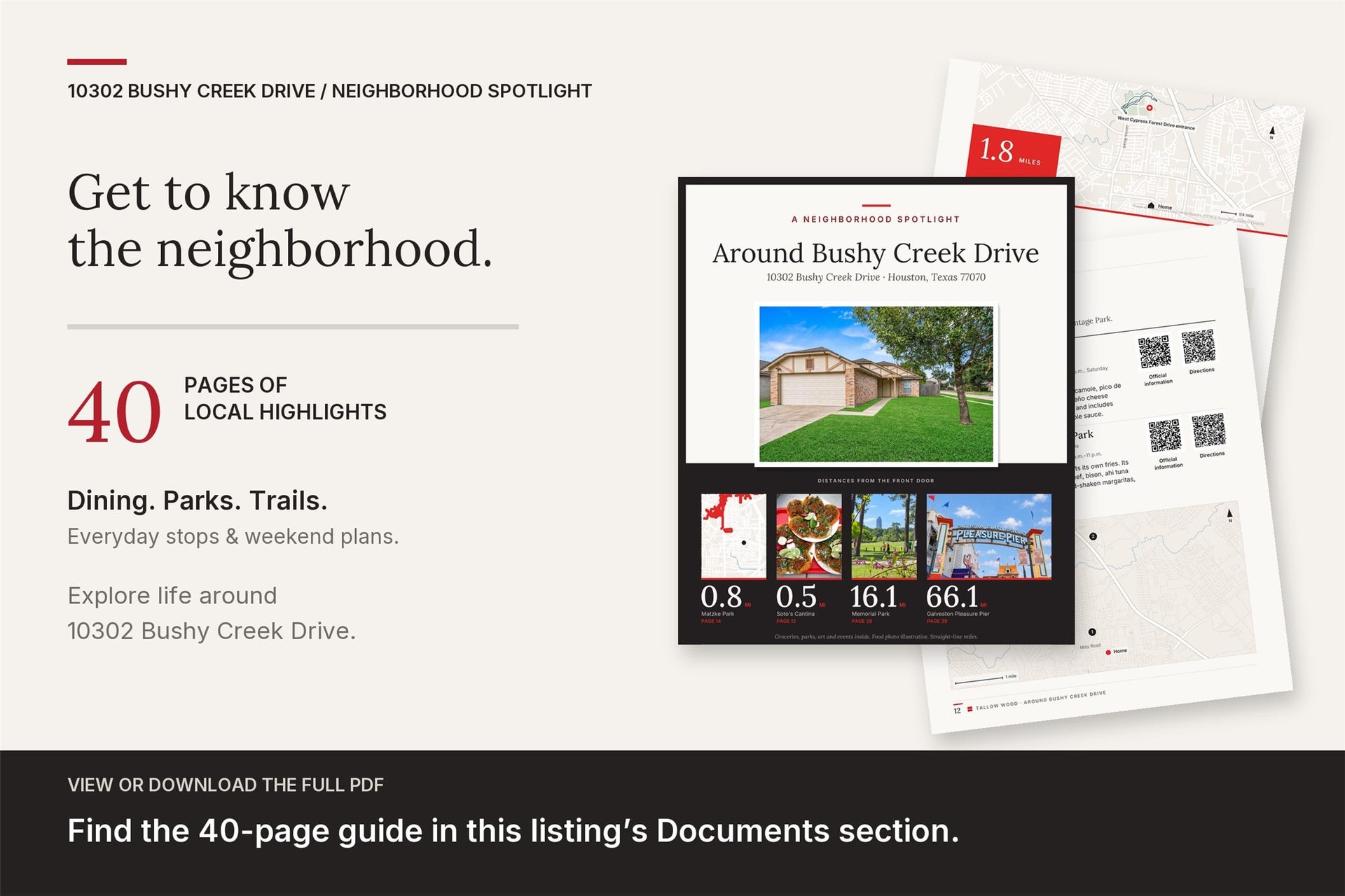 Explore life around 10302 Bushy Creek Drive with this 40-page Neighborhood Spotlight, featuring Tallow Wood HOA amenities, nearby dining and groceries, specialty shops, parks and trails, local history, Houston outings, seasonal events and two suggested days out. View or download "10302 Bushy Creek Drive - Neighborhood Spotlight" from this listings Documents section.