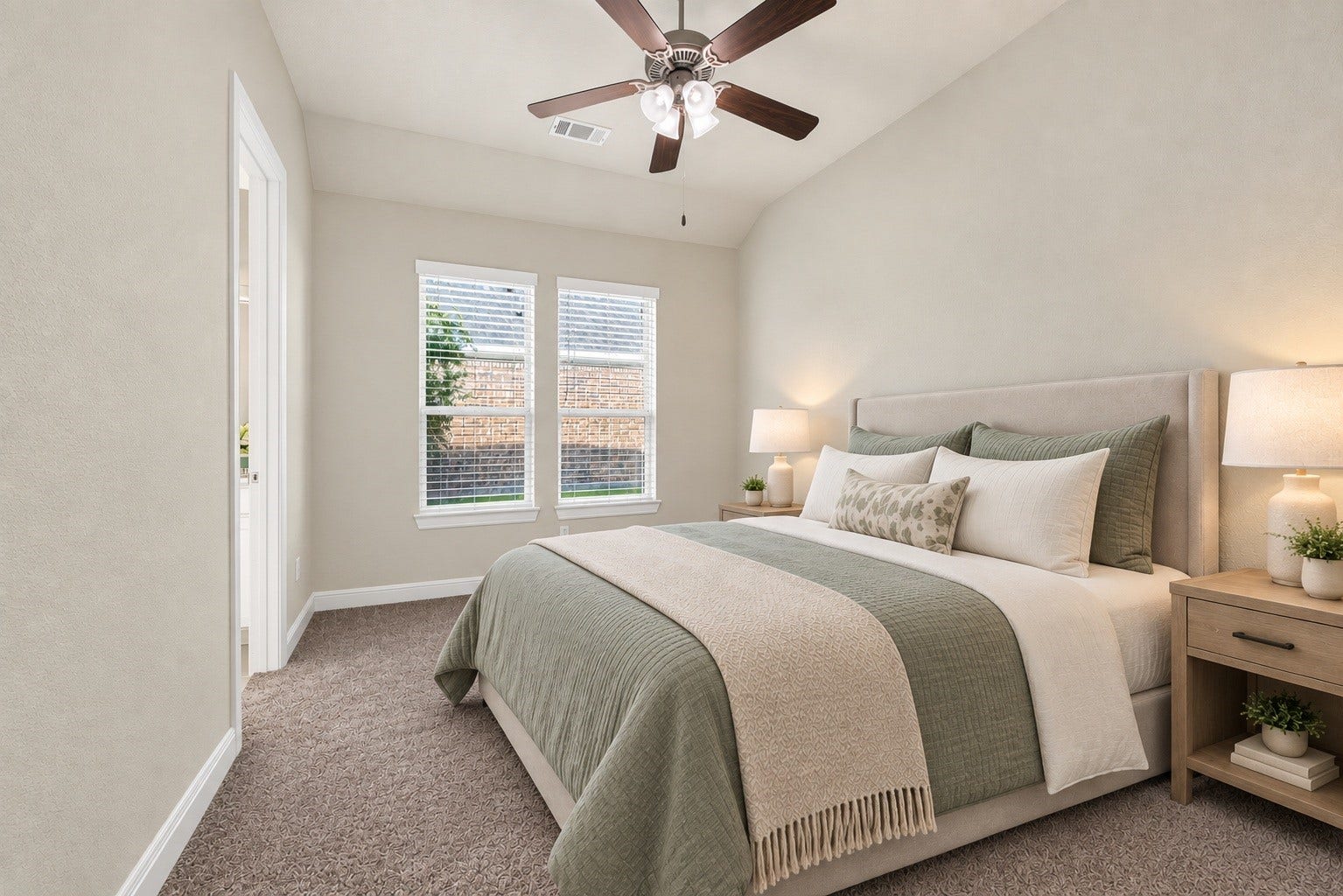 5811 Caper Shores Lane, Sugar Land, TX 77479 Spacious third bedroom with neutral carpet, central ceiling fan, and soft daylight. (Virtual staged)