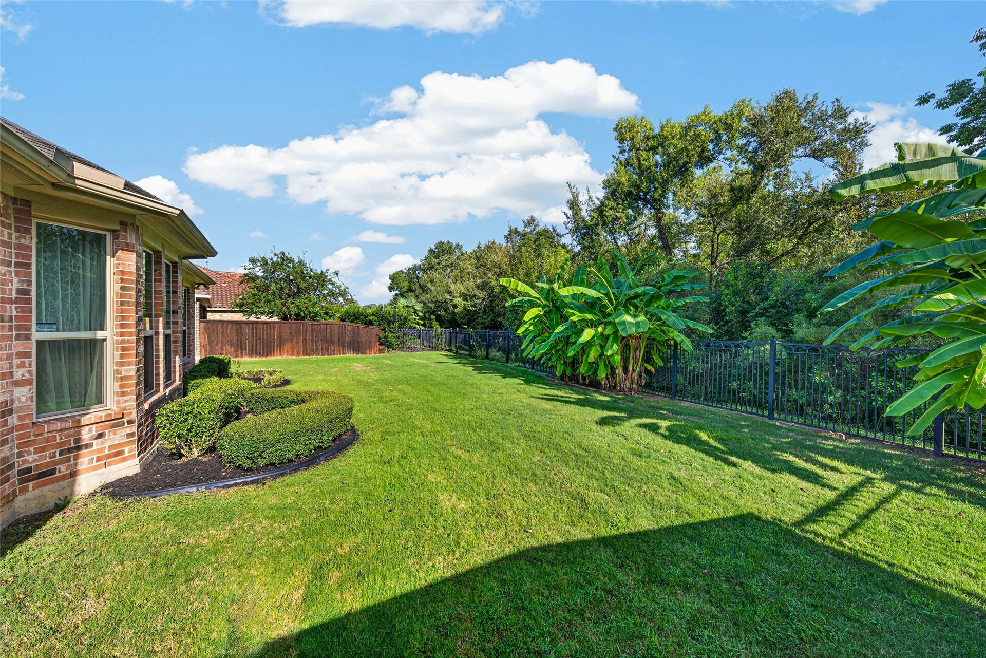 5811 Caper Shores Lane, Sugar Land, TX 77479 Your own private oasis! This spacious, fully fenced backyard features vibrant banana trees and no back neighbors, offering complete privacy for outdoor family fun and gatherings.