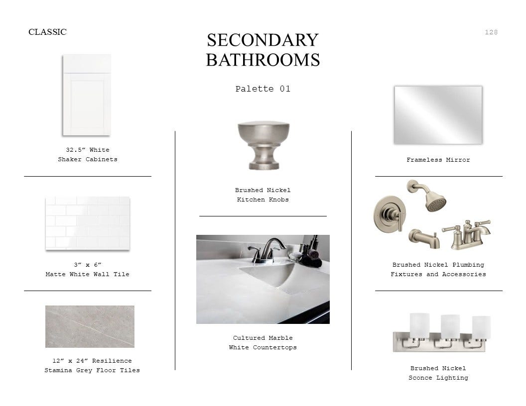 Classic Look Palette 1: Secondary Bathrooms Selection Sheet (*Artist rendering used for illustration purposes only.)