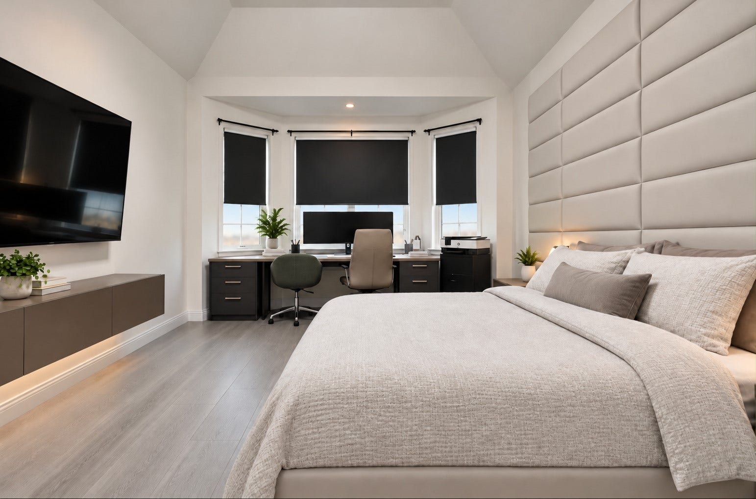 2120 Rosenthal Lane, Houston, TX 77080 First-floor primary bedroom featuring a vaulted ceiling, updated flooring, and a bay-window sitting area with space for a desk or reading nook.