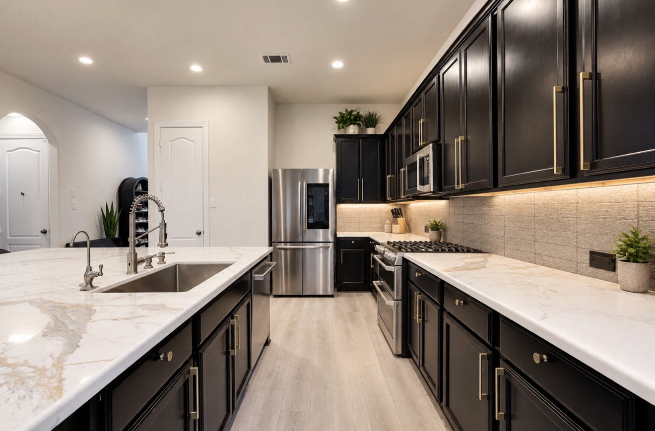 2120 Rosenthal Lane, Houston, TX 77080 Beautifully updated kitchen featuring a remodeled oversized island with breakfast bar seating, new countertops, and new appliances. Rich dark cabinetry with hardware, under-cabinet lighting, and a statement light fixture creates a stylish space that opens to the main living areaideal for everyday living and entertaining.