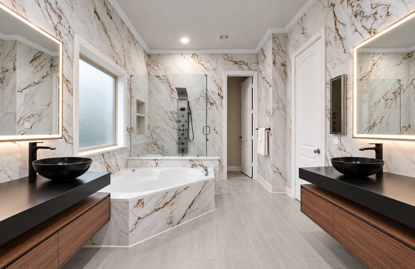 2120 Rosenthal Lane, Houston, TX 77080 Fully renovated primary bathroom featuring striking marble-look finishes, dual floating vanities with vessel sinks, and illuminated mirrors. A soaking tub and separate glass-enclosed shower with a rainfall showerhead, body jets, and handheld sprayer create a luxurious retreat.