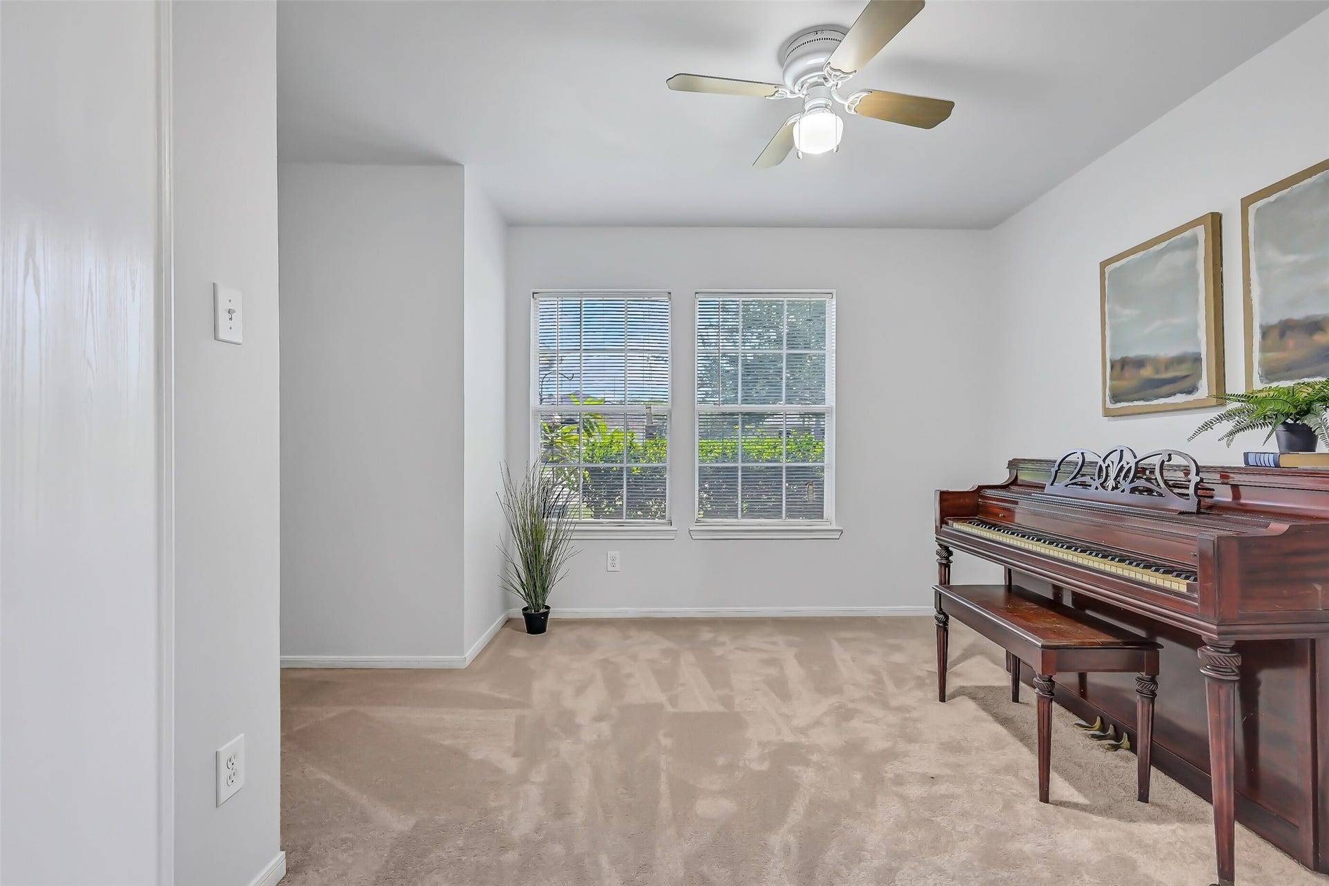 3115 Berryfield Lane, Pearland, TX 77581 A second look at the private study shows just how useful this bonus space can be. Located directly off the family room, it features double-door entry, two front-facing windows, fresh neutral paint, brand-new plush carpet and a lighted ceiling fanideal for a home office, hobby room or flex space.