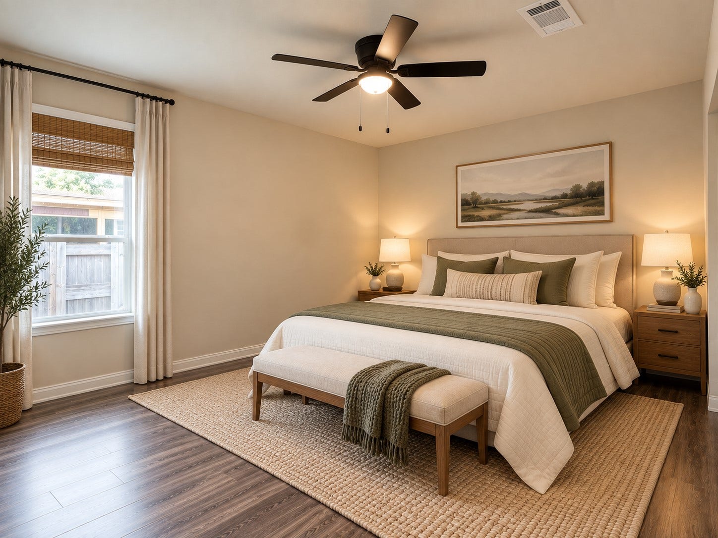Spacious primary bedroom with room for a full furniture arrangement and private ensuite access. This photo is virtually staged.