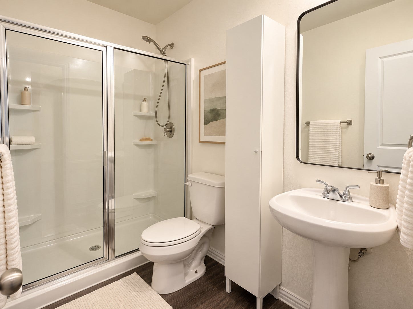 Second full bathroom featuring a glass enclosed shower, pedestal sink, and convenient storage