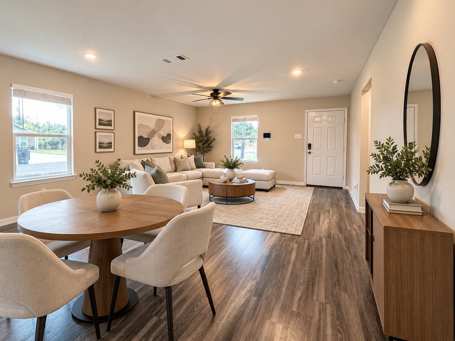 A look across the open floor plan highlights the homes flexible layout and natural flow. This photo is virtually staged.