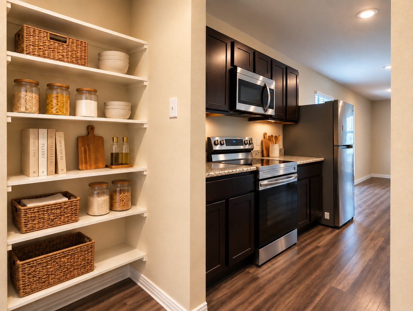 Convenient pantry shelving provides additional storage just steps from the kitchen. This photo is virtually staged.