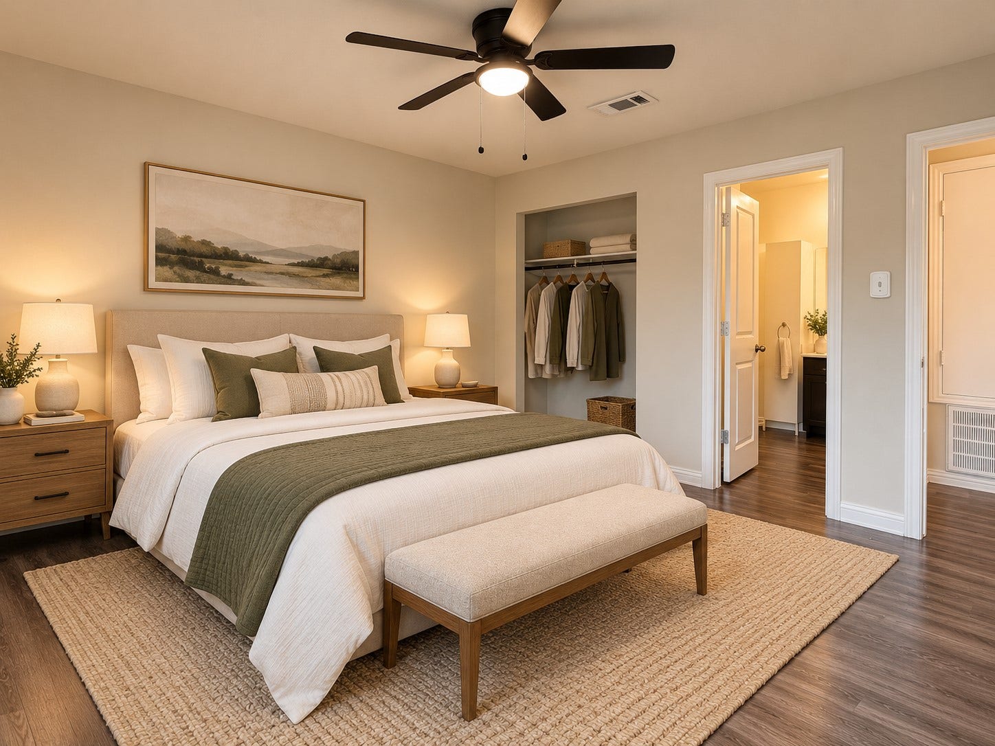 A second perspective highlights the size and flexibility of the primary retreat. This photo is virtually staged.