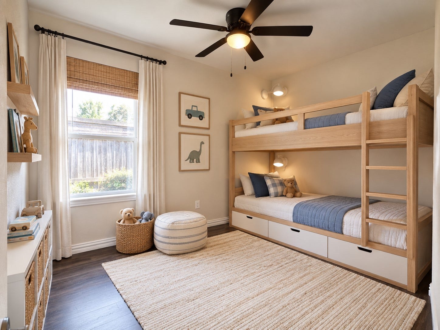 Third bedroom shown as a cheerful kids room with bunk beds, demonstrating the versatility of the space. This photo is virtually staged.