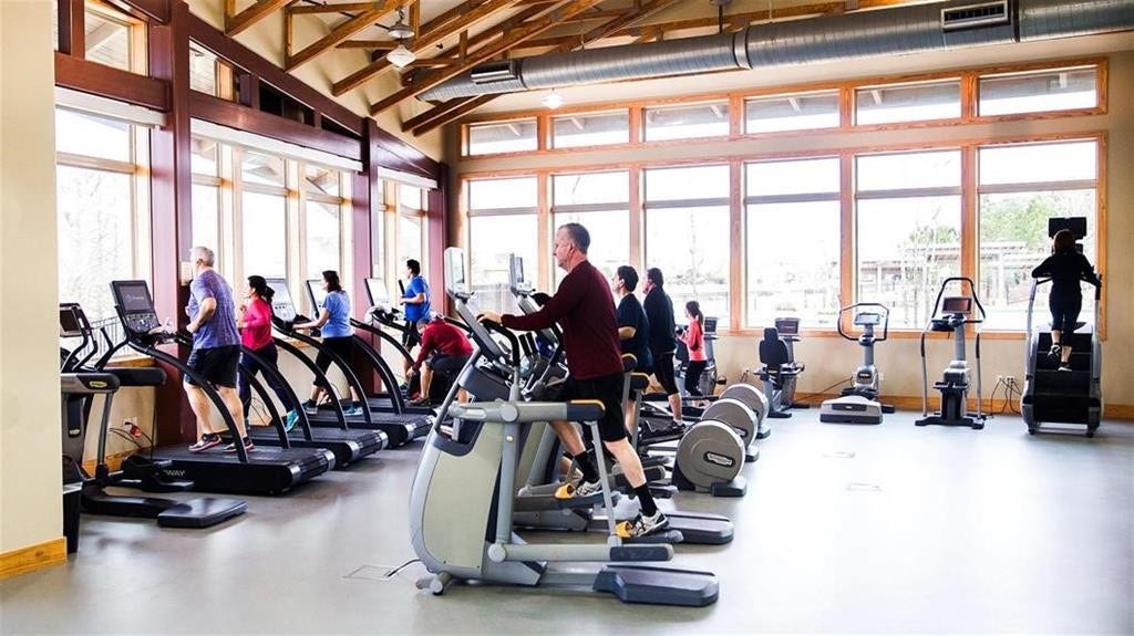 29651 Bur Creek Lane, Fulshear, TX 77441 Spacious fitness center with large windows, abundant natural light, and a variety of exercise machines.