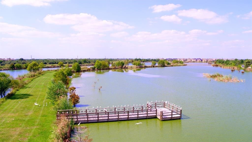 29651 Bur Creek Lane, Fulshear, TX 77441 Serene lake views in cross creek ranch with a wooden dock, surrounded by lush greenery and open skies, perfect for relaxation and nature lovers.