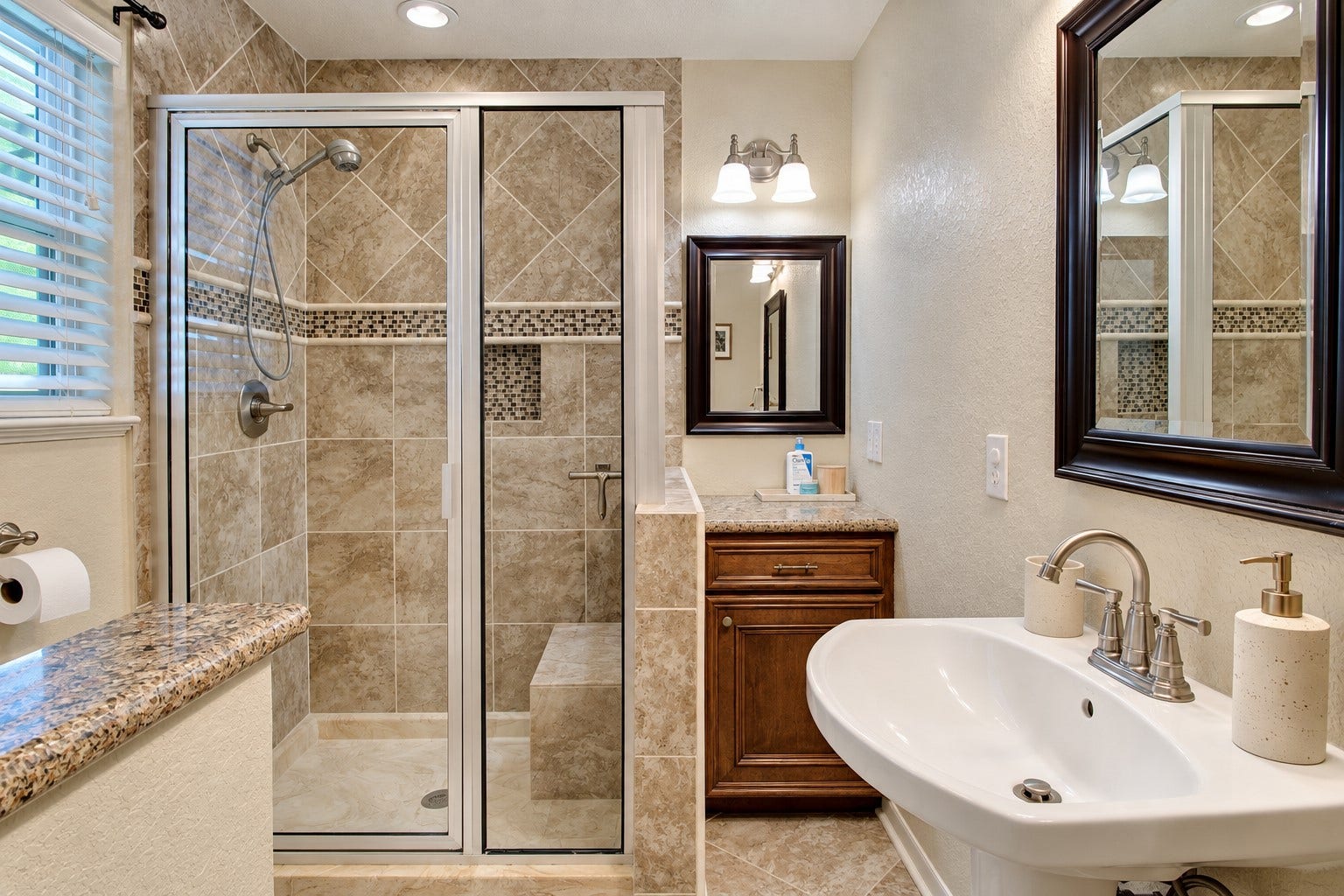 12315 Thaman Drive, Dickinson, TX 77539 Secondary bathroom features a walk-in shower in a bench, tile all the way to the ceiling, and convenient recessed shelving.