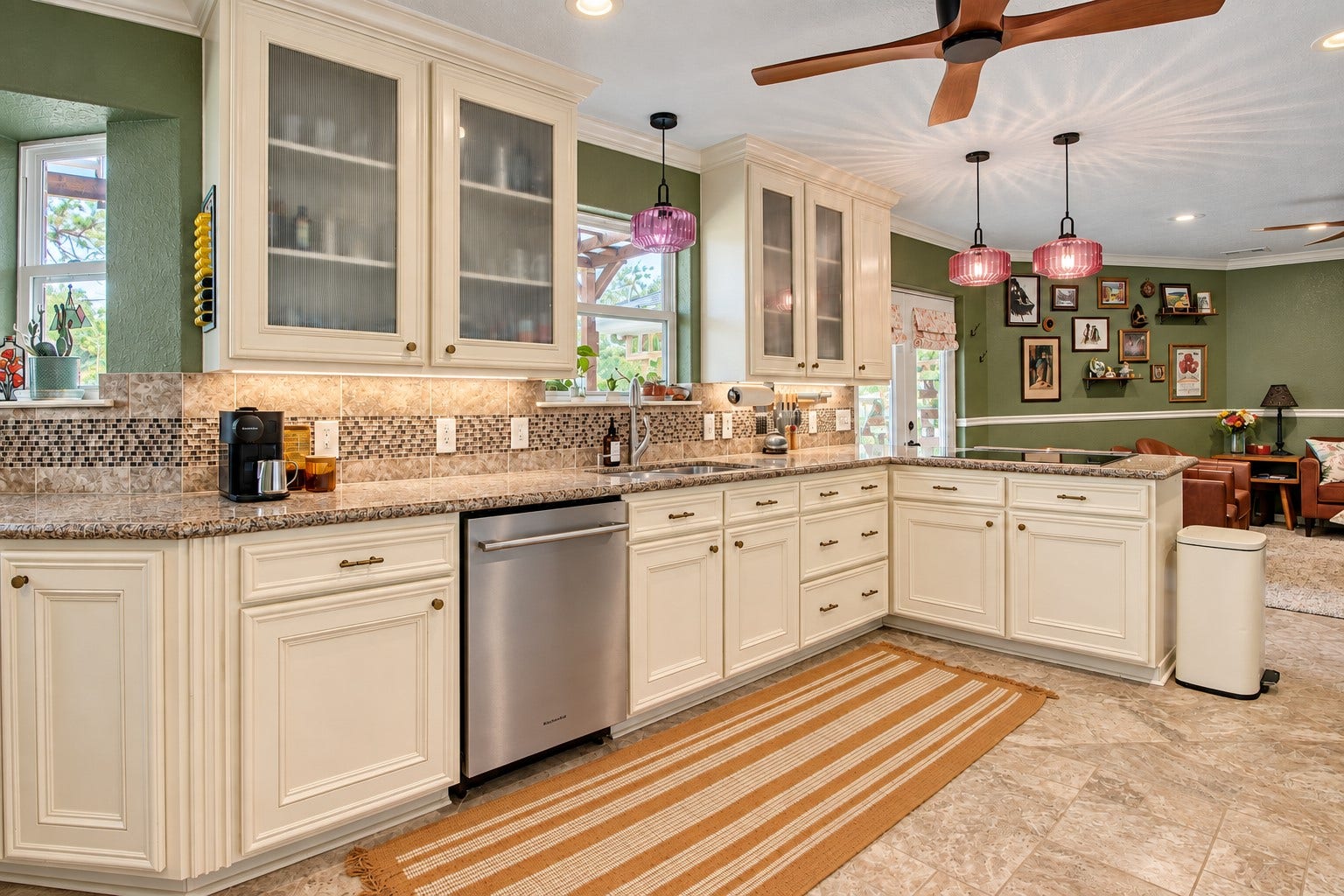 12315 Thaman Drive, Dickinson, TX 77539 The kitchen overlooks the backyard through several windows, bringing in plenty of natural light and giving you a great view while youre in here!