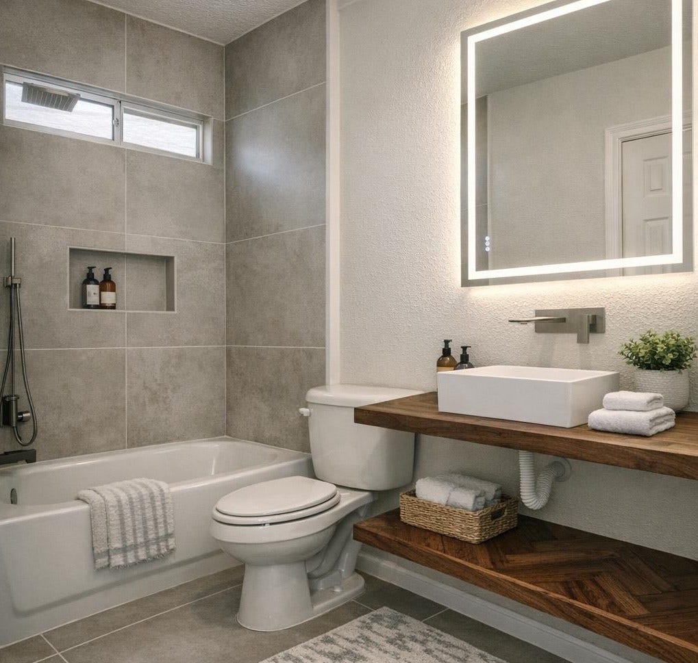 AI Staged photo shows bathroom
2 featuring a large tiles, modern
sink, floating shelves and
upgraded hardware.