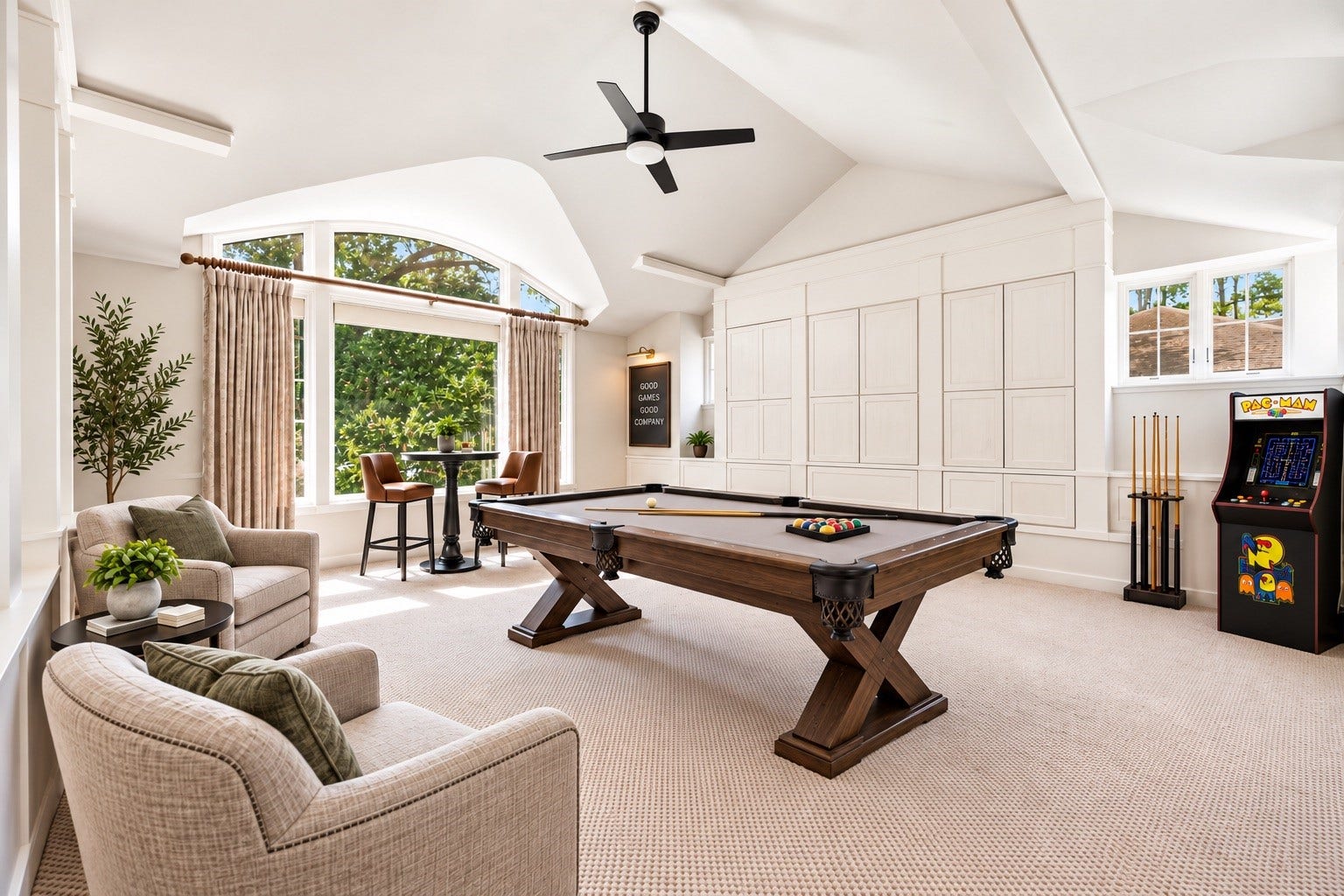 13131 Holston Hills Drive, Houston, TX 77069 Fabulous game room with high ceilings, fireplace, versatile built-in storage, and plush carpet.* virtually staged*