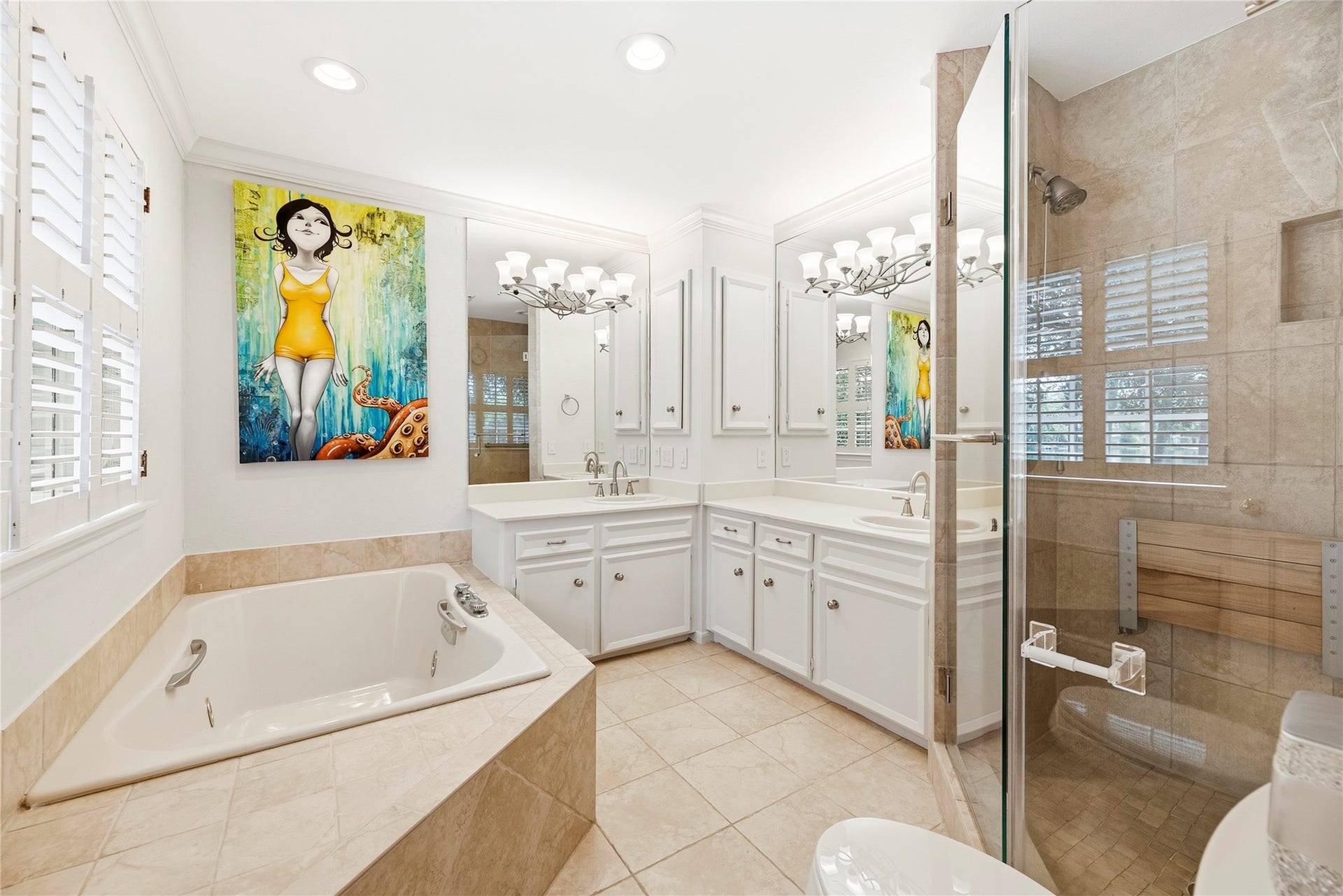 13131 Holston Hills Drive, Houston, TX 77069 En-suite primary bath with dual sinks, large glass enclosed shower, and a soaking tub.