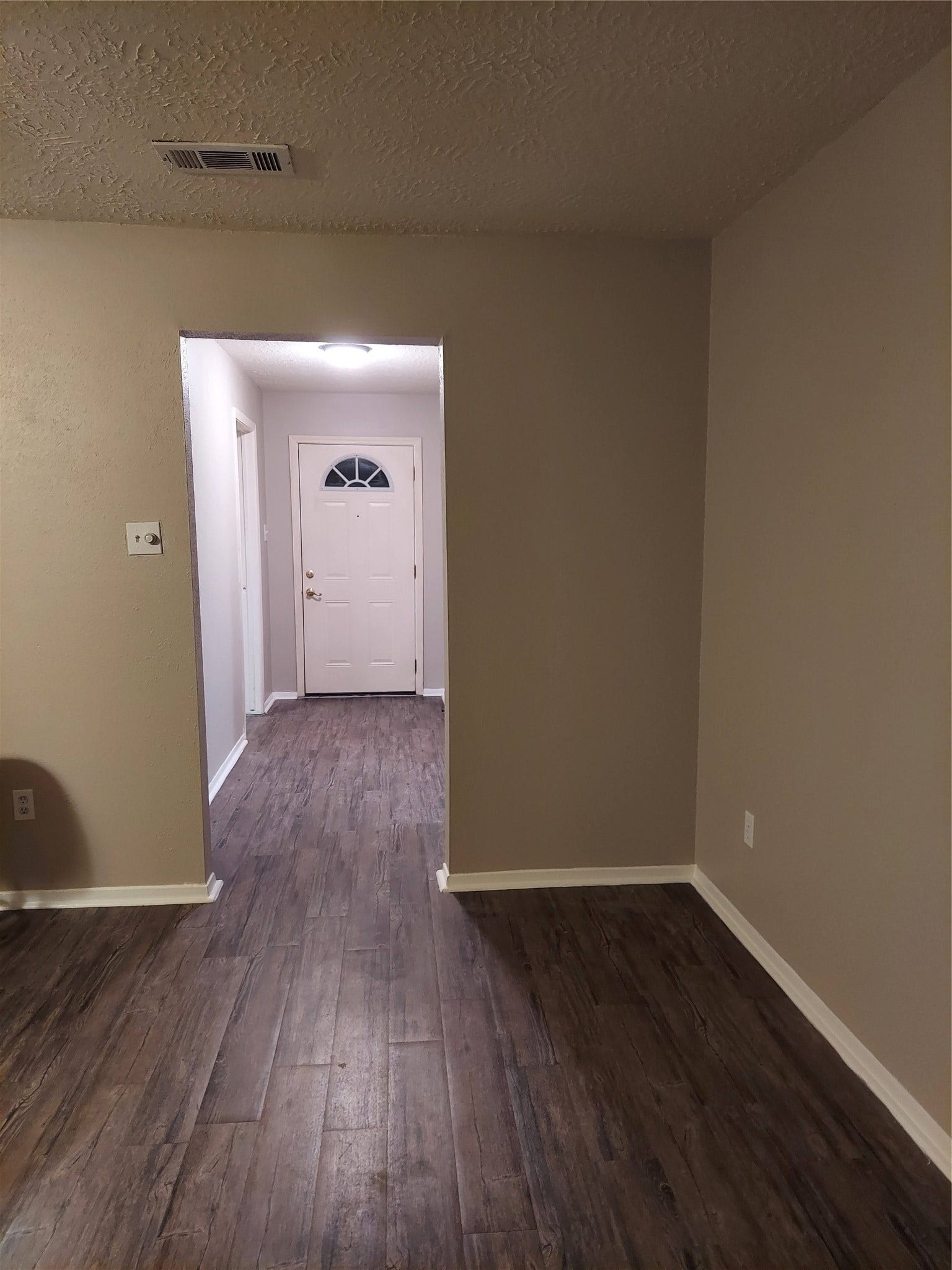 3878 Laura Leigh Drive, Friendswood, TX 77546 Inviting entryway with warm, wood-look flooring and neutral walls, leading to a bright front door.