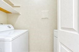 Convenient laundry room featuring a modern washer, ample shelving, and neutral tones for a clean, organized space.