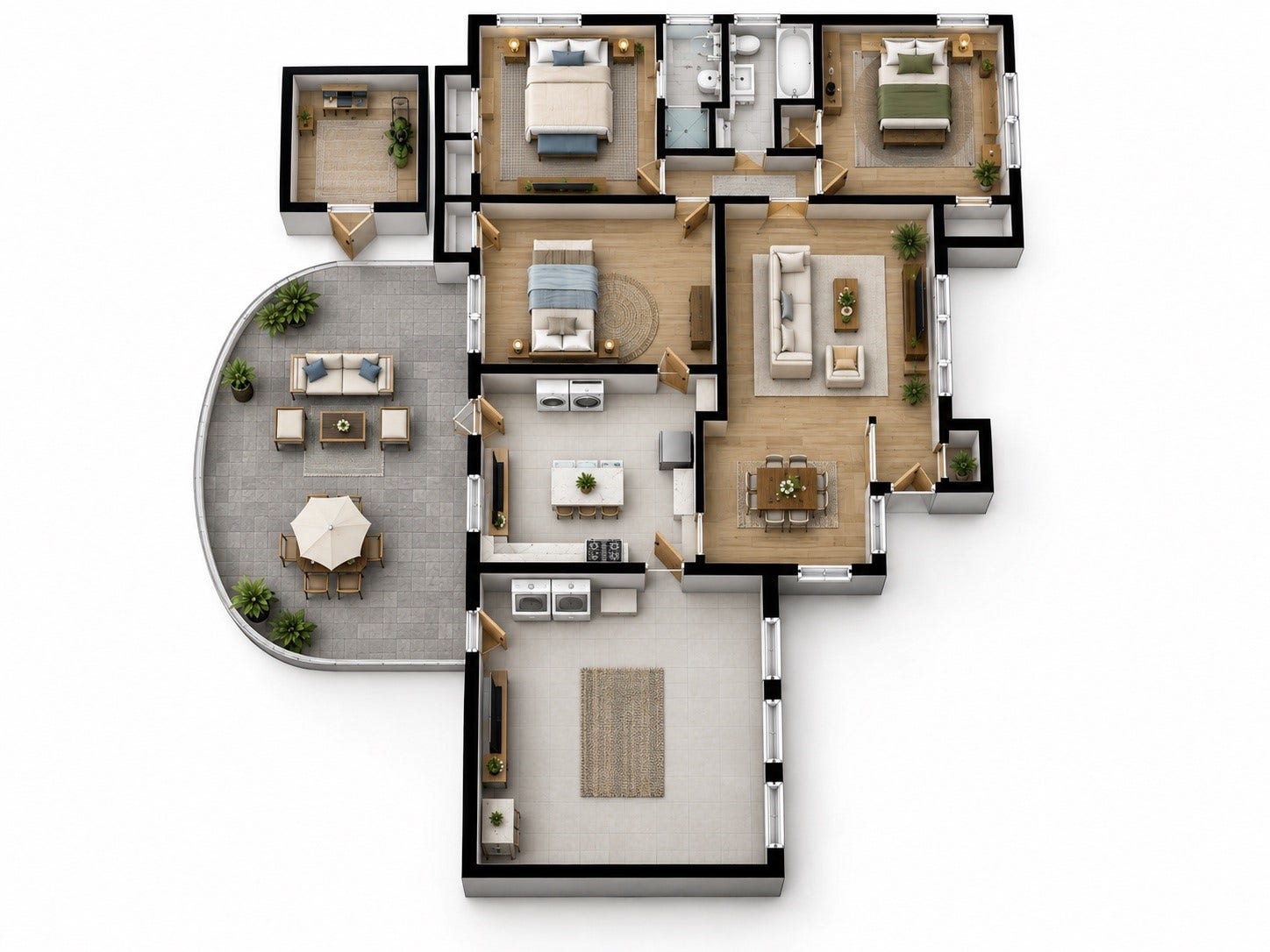 This image has been staged and or rendered using AI. The permanent items are all original to the home.