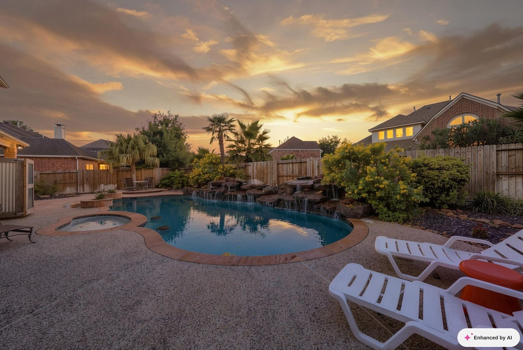 25610 Skye Springs Lane, Katy, TX 77494 At dusk, the pool and spa take on a resort-like glow, turning the backyard into an inviting setting for evening swims and relaxed entertaining.