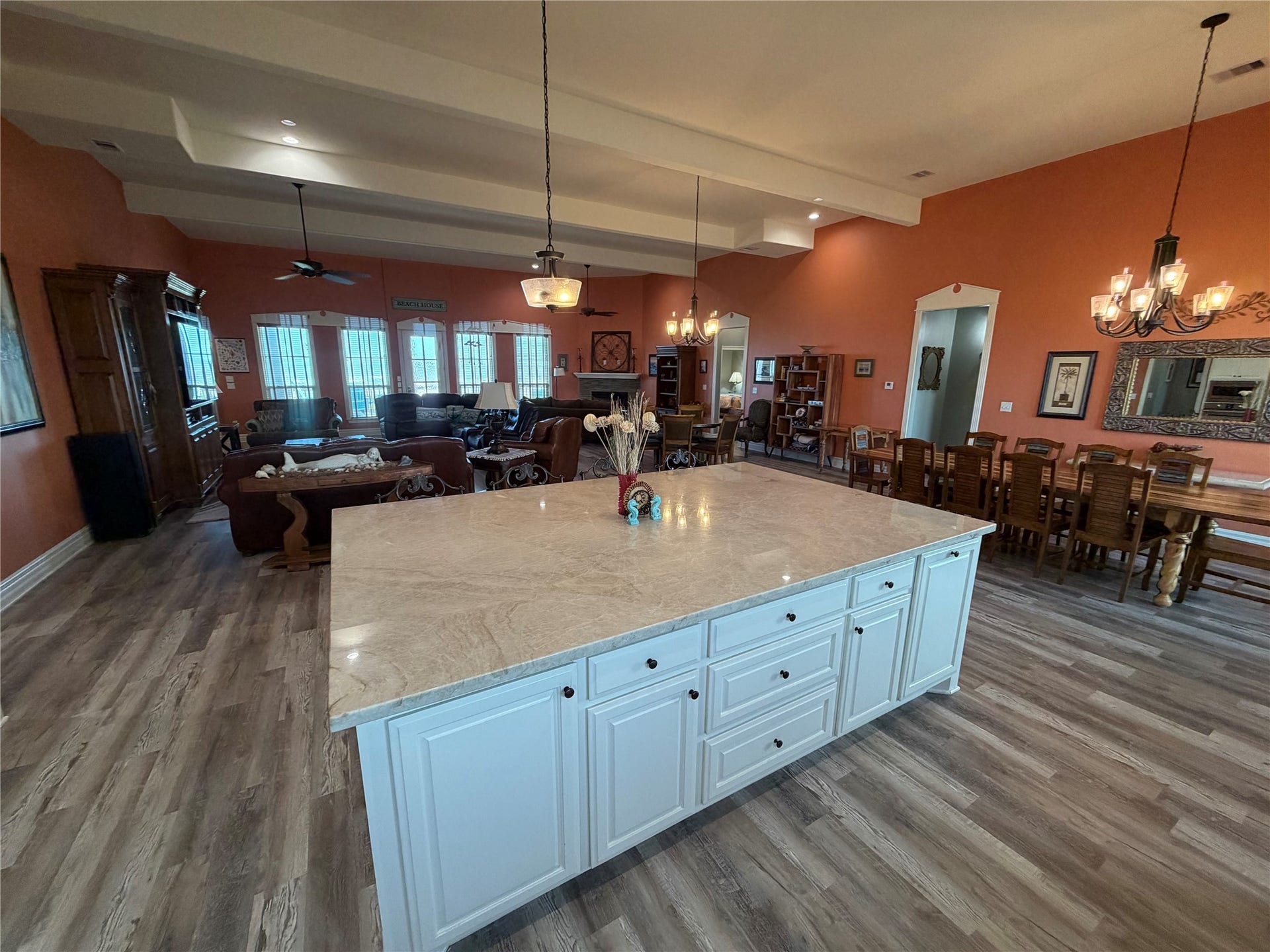 715 Magnolia Lane, Port Bolivar, TX 77650 View from behind island towards living and dining area