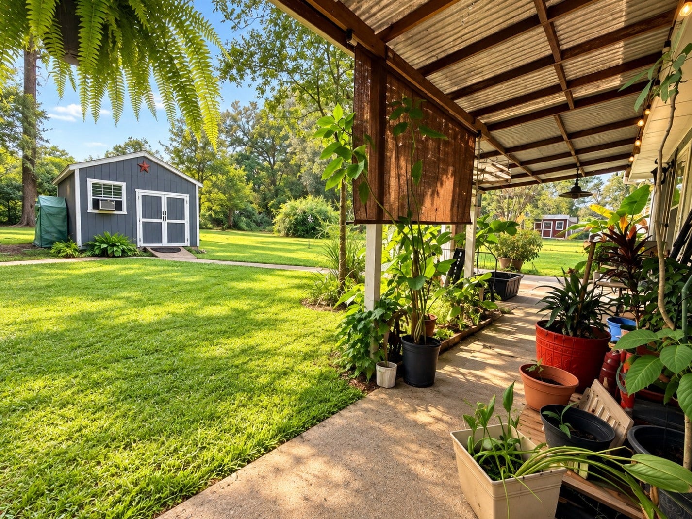 14440 Lakecrest Drive, Splendora, TX 77372 Back Porch Yard:
Covered back porch overlooking the spacious, beautifully landscaped yard with storage building.