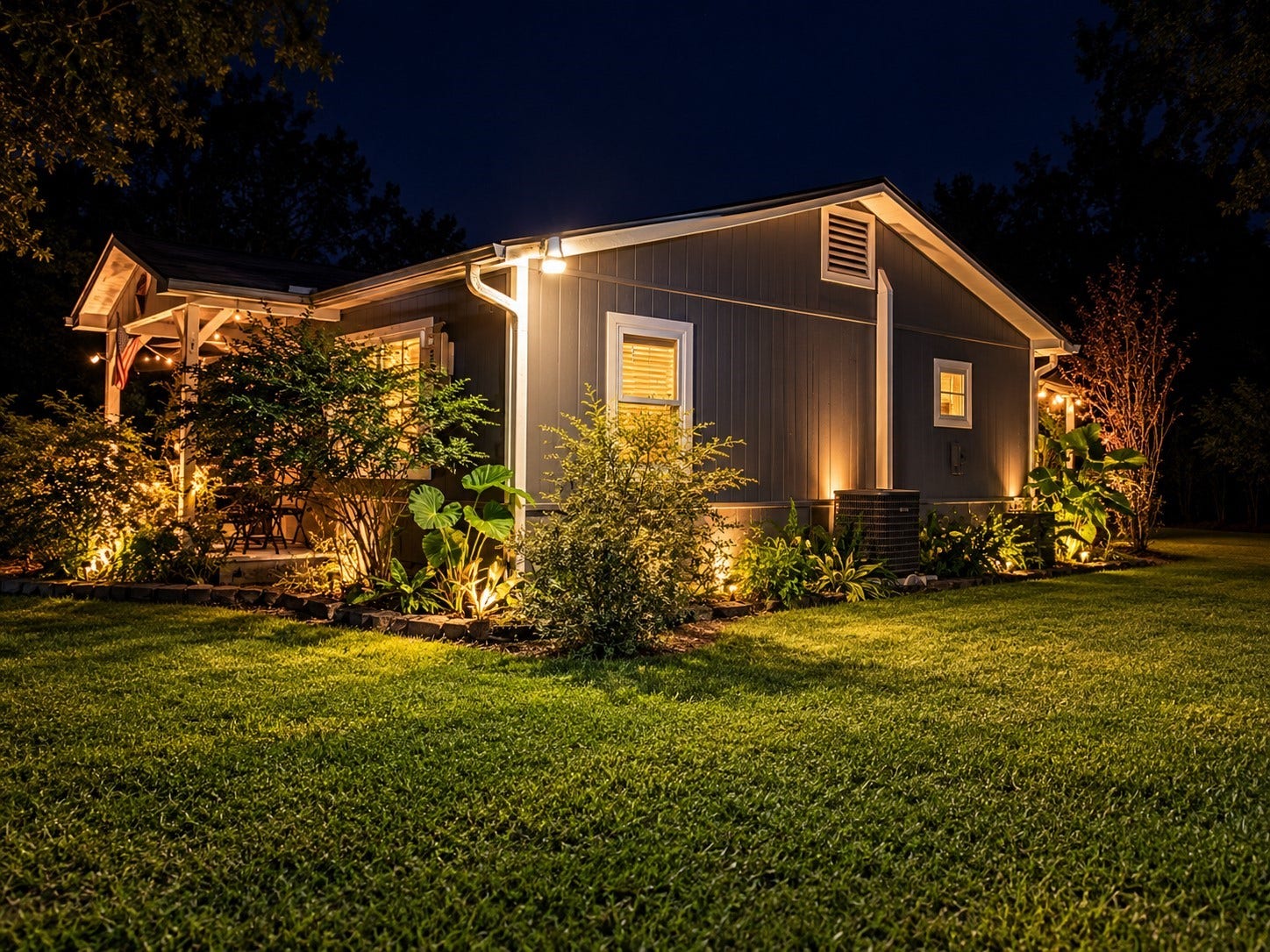 14440 Lakecrest Drive, Splendora, TX 77372 Exterior at Night Beautiful evening view showcasing the homes exterior, landscaping and inviting outdoor lighting.