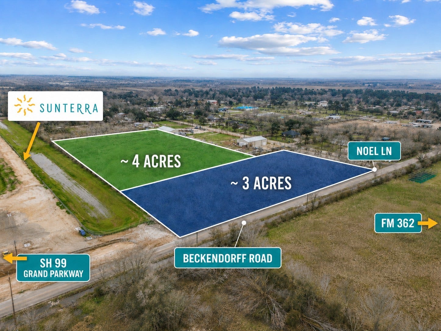 0(A) Beckendorff Road, Katy, TX 77493 Prime location in high growth Katy 77493 corridor with no restrictions. Excellent for commercial, high density residential, or hold for investment. Direct frontage to Beckendorff Rd. Neighboring the community of Sunterra. *Borders are approximate*
