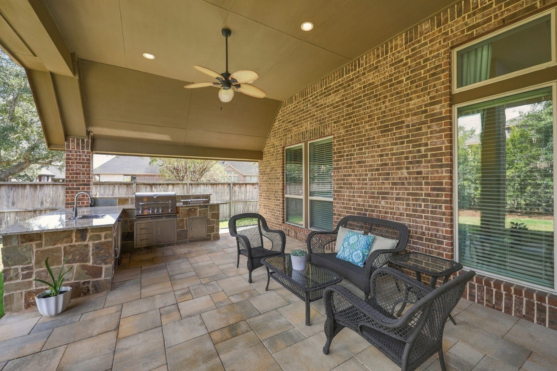27302 Liberty Heights Lane, Fulshear, TX 77441 The Covered Patio is also equipped with two 5-blade ceiling fans for added comfort and LED ceiling lights, making this outdoor living space enjoyable both day and night.