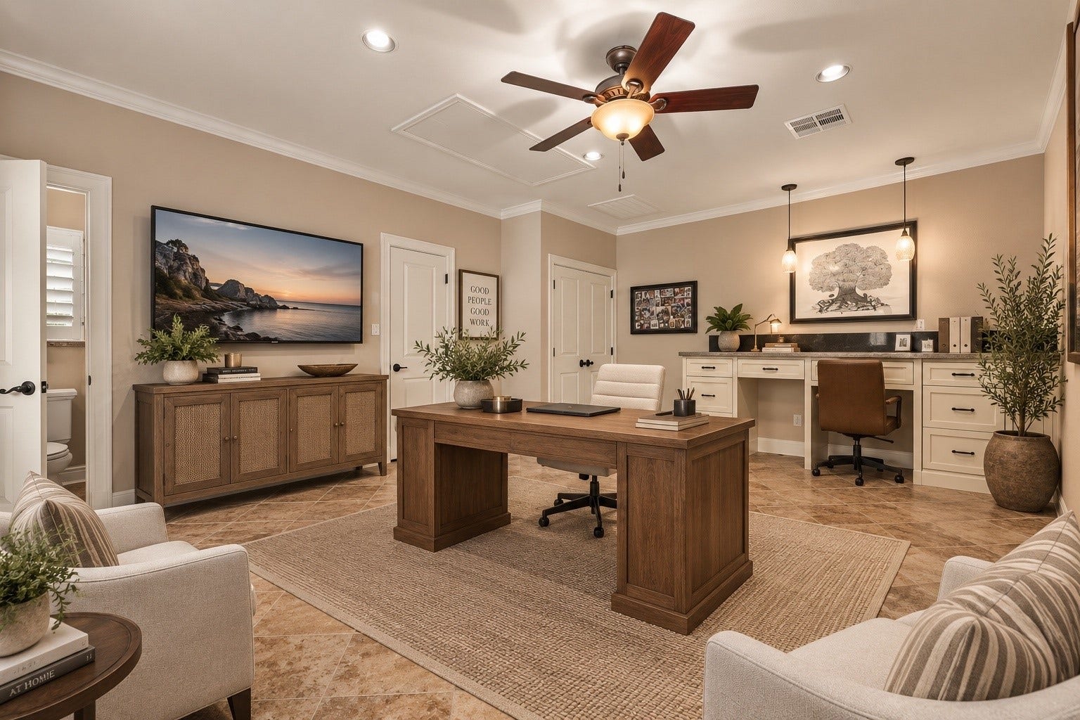 18607 Point Lookout Drive, Nassau Bay, TX 77058 Virtually staged to showcase the possibilities of this spacious, versatile room as a home office or private guest suite. Featuring two large walk-in closets, a full bathroom with walk-in shower, and generous space for a comfortable sitting area. Ideal for a mother-in-law suite, game room, or playroom.