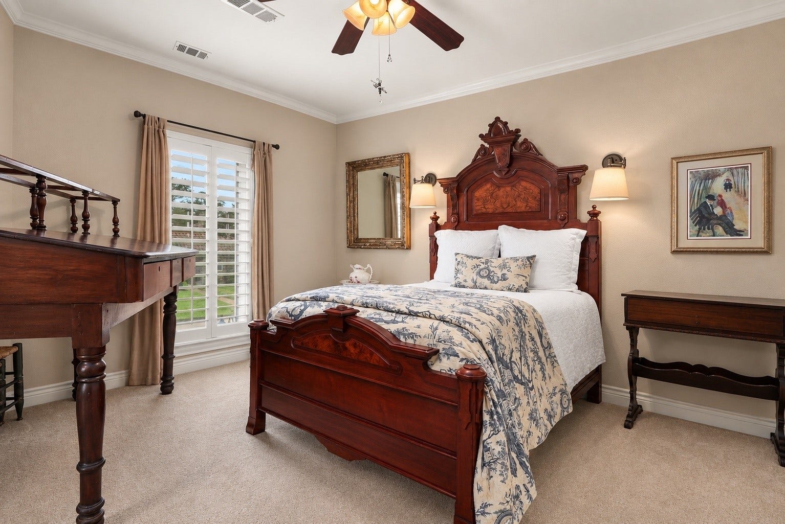 18607 Point Lookout Drive, Nassau Bay, TX 77058 Bedroom one features a large front-facing casement window that opens outward, filling the room with natural light. A convenient pocket door provides direct access to a full bathroom.