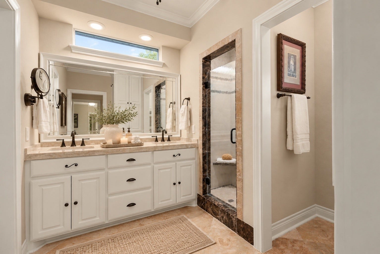 18607 Point Lookout Drive, Nassau Bay, TX 77058 Beautifully appointed primary bath features elegant Taj Mahal countertops, dual sinks, 36" cabinetry, and a white wood-framed mirror. The spacious shower is accented with decorative marble trim and floor-to-ceiling tile, while beautiful travertine flooring adds warmth and timeless elegance throughout.