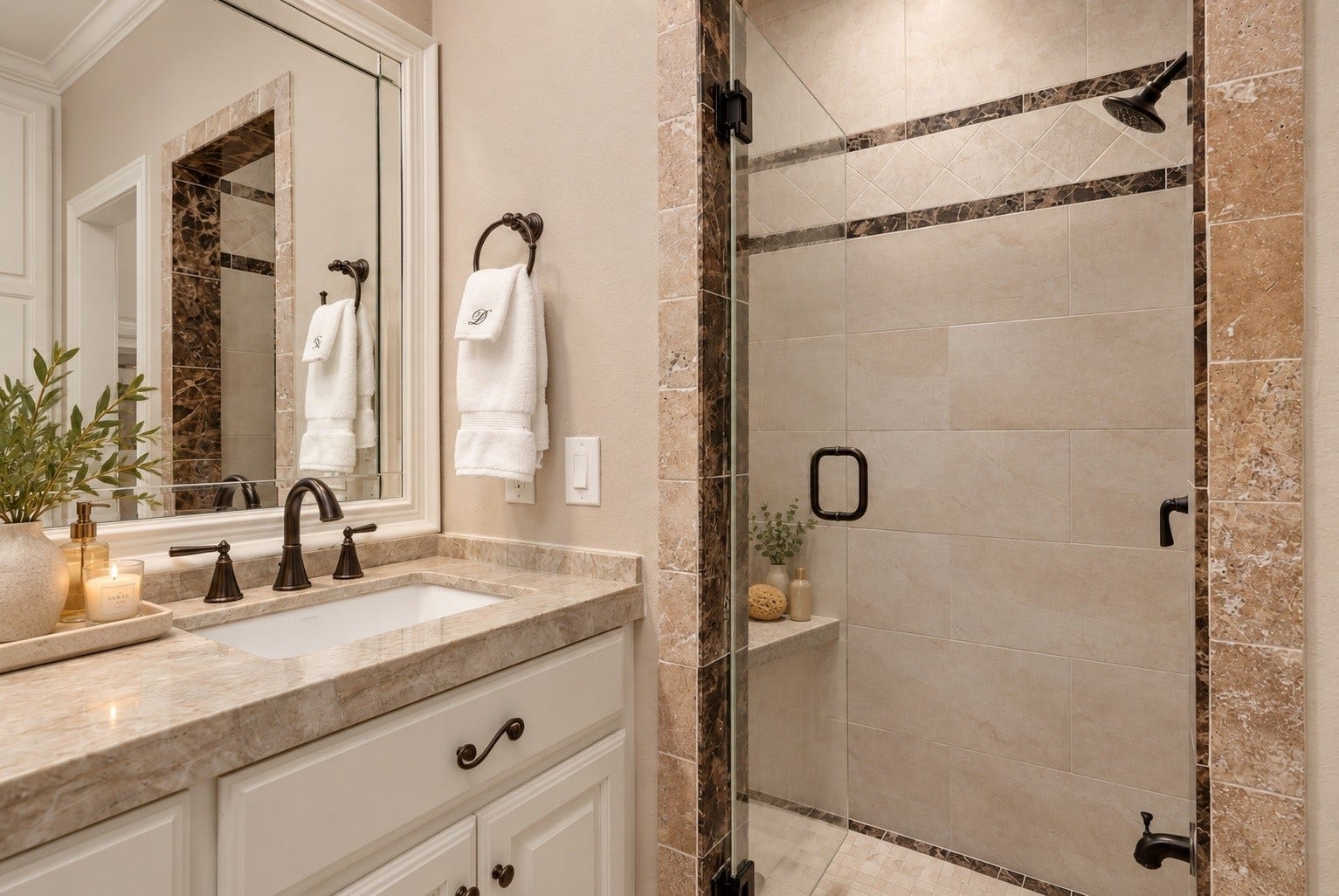 18607 Point Lookout Drive, Nassau Bay, TX 77058 Another view of the spacious primary shower showcases beautifully laid horizontal large-format time, elegant marble accents, and tile extending to the ceiling, creating a timeless, custom-designed look.
